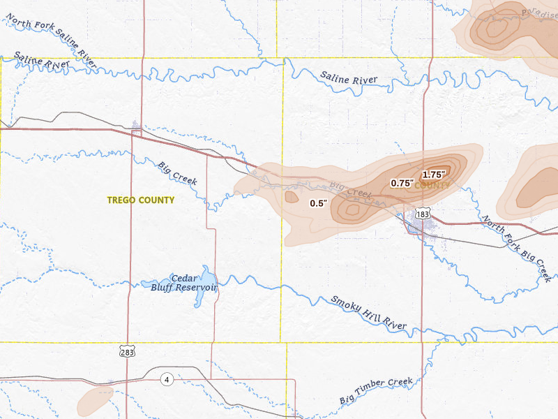 Radar-estimated hail-size map of the storm over Ellis, KS on Jun 8, 2026