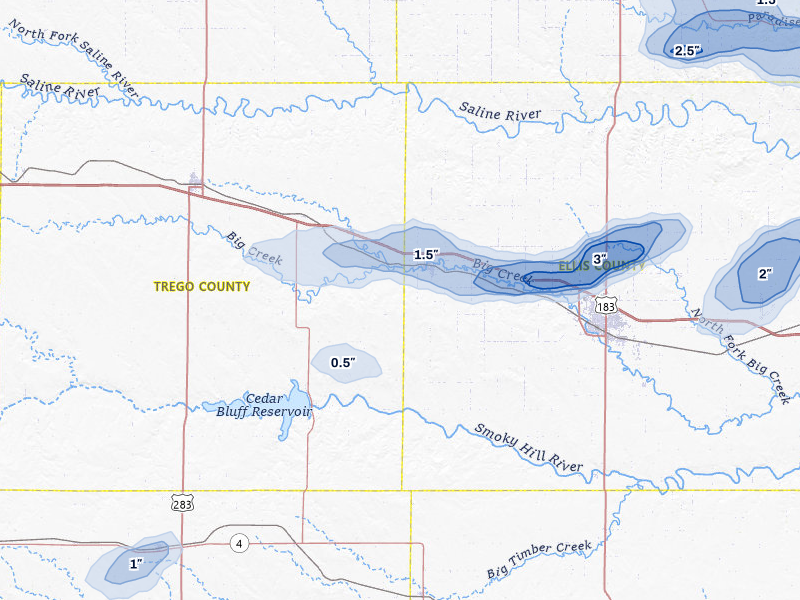 NEXRAD radar-signature map of the hail storm over Ellis, KS on Jun 8, 2026