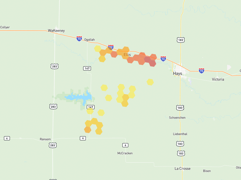 Hail map of Ellis, KS on Jun 9, 2026, hail up to 2.25"