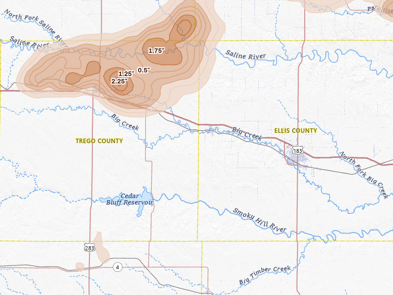Radar-estimated hail-size map of the storm over Ellis, KS on Jul 3, 2026