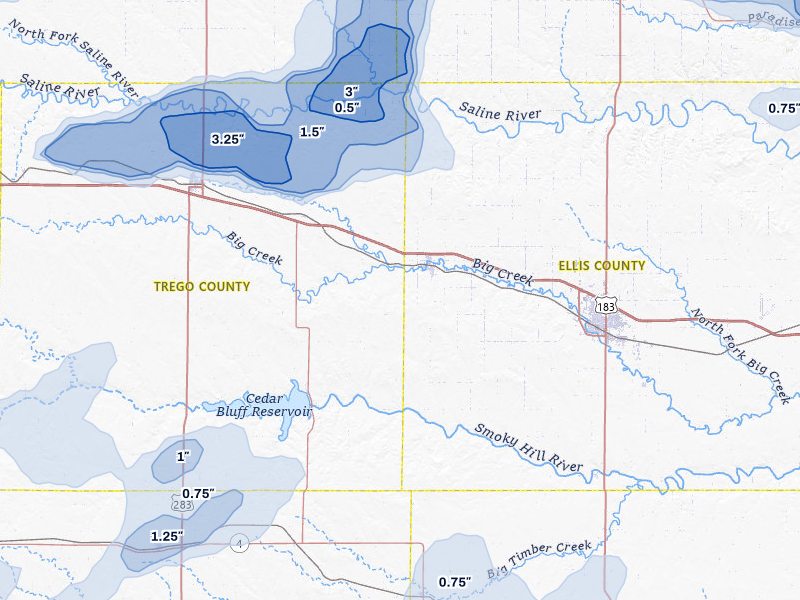 NEXRAD radar-signature map of the hail storm over Ellis, KS on Jul 3, 2026