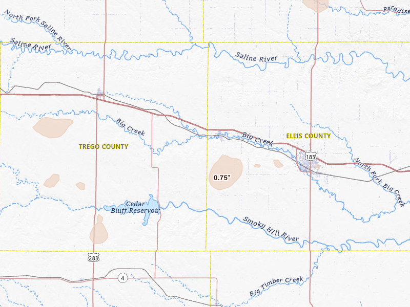 Radar-estimated hail-size map of the storm over Ellis, KS on Jul 9, 2026