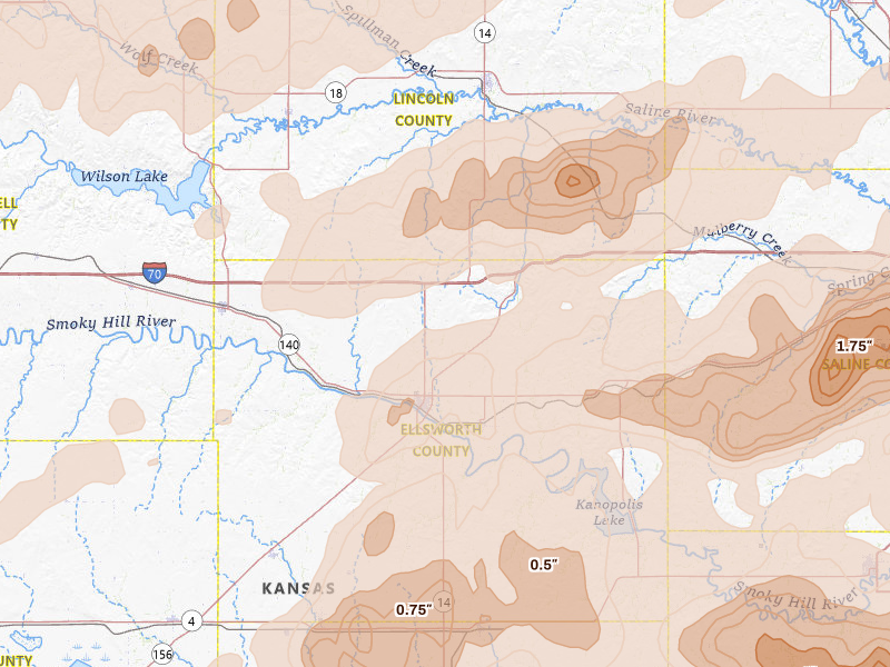 Radar-estimated hail-size map of the storm over Ellsworth, KS on Apr 26, 2026