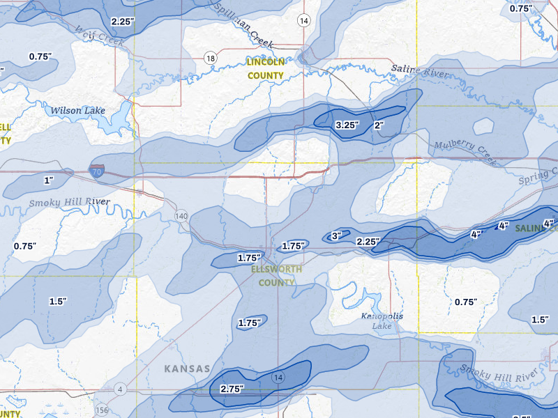 NEXRAD radar-signature map of the hail over Ellsworth, KS