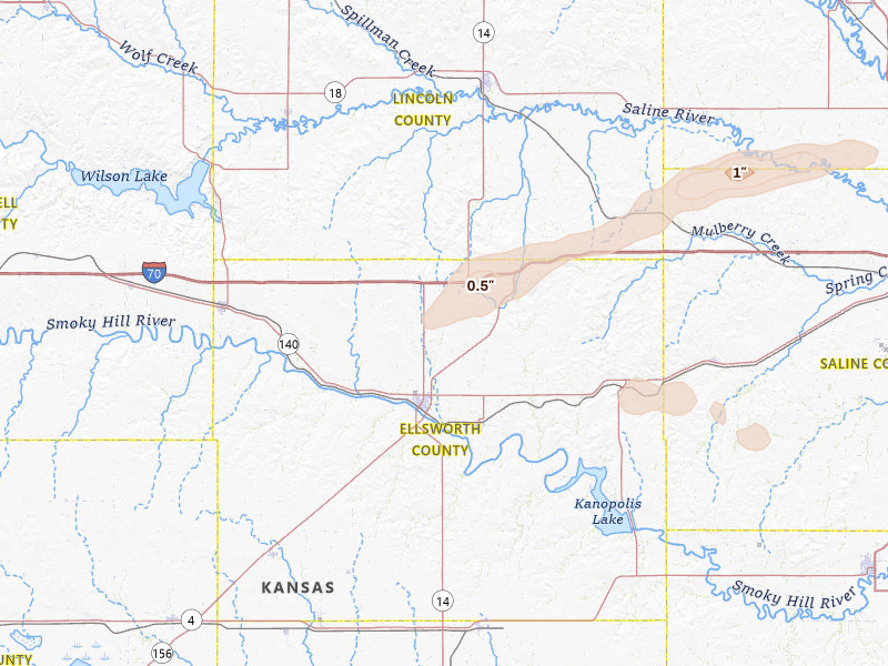 Radar-estimated hail-size map of the storm over Ellsworth, KS on May 14, 2026
