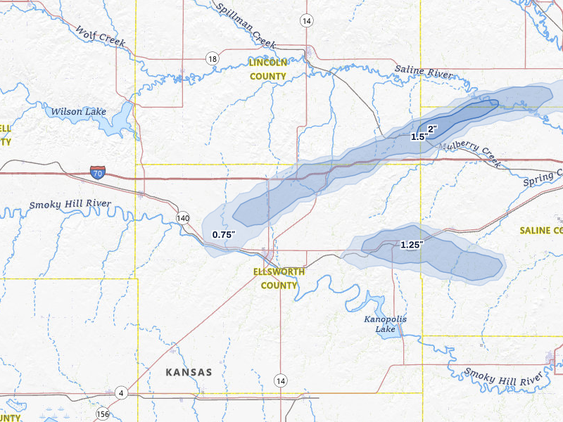 NEXRAD radar-signature map of the hail over Ellsworth, KS