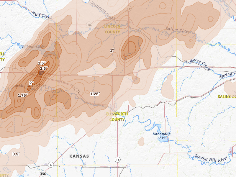 Radar-estimated hail-size map of the storm over Ellsworth, KS on May 17, 2026