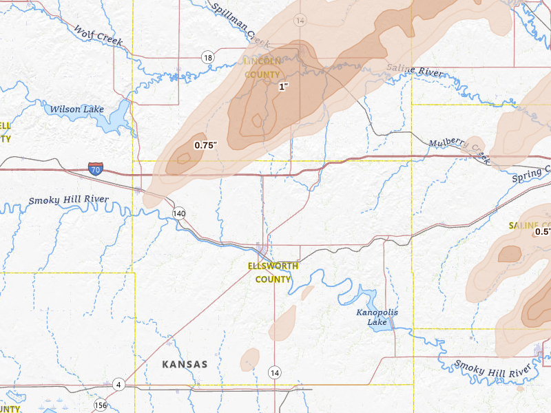 Radar-estimated hail-size map of the storm over Ellsworth, KS on May 18, 2026