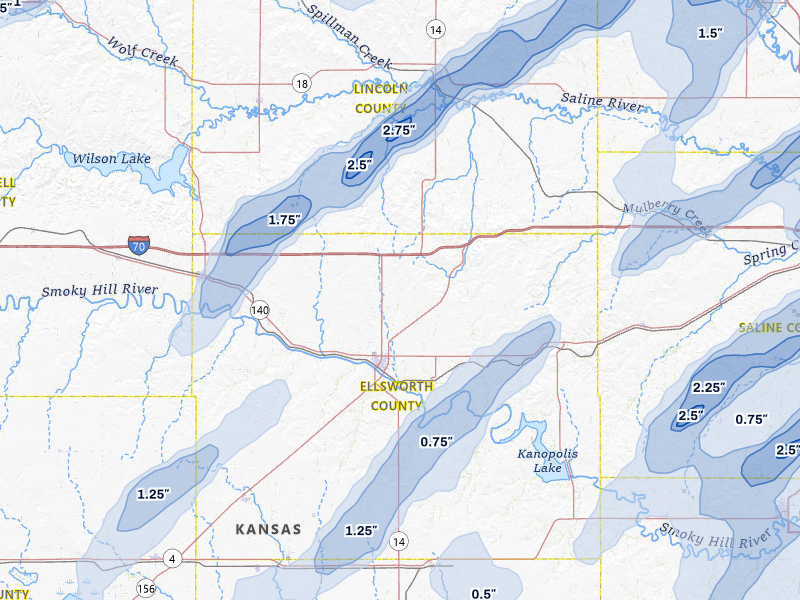 NEXRAD radar-signature map of the hail storm over Ellsworth, KS on May 18, 2026