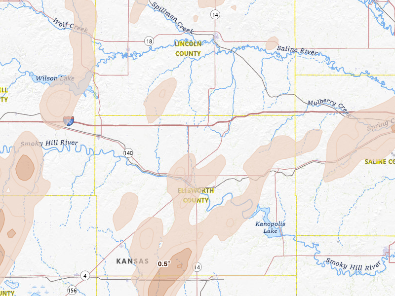 Radar-estimated hail-size map of the storm over Ellsworth, KS on May 30, 2026