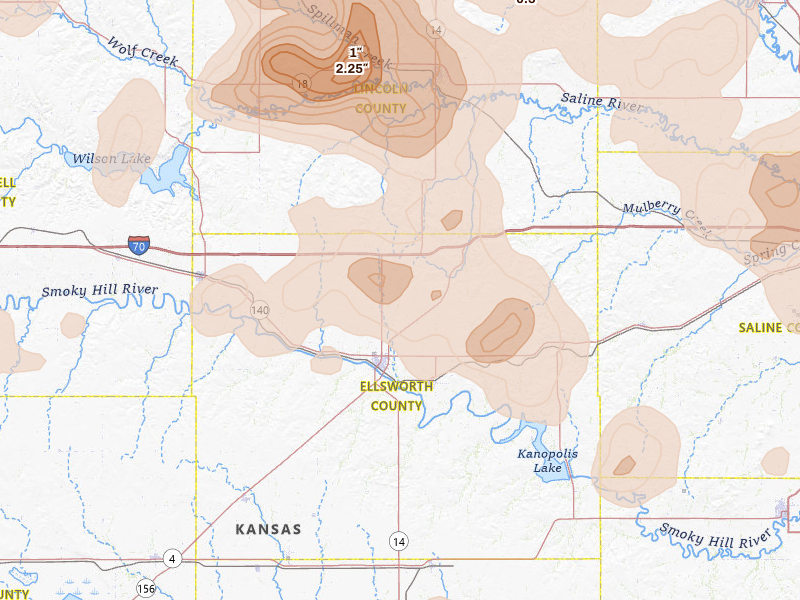 Radar-estimated hail-size map of the storm over Ellsworth, KS on Jun 8, 2026