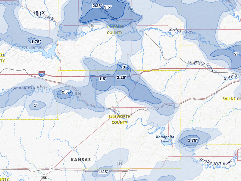 NEXRAD radar-signature map of the hail storm over Ellsworth, KS on Jun 8, 2026