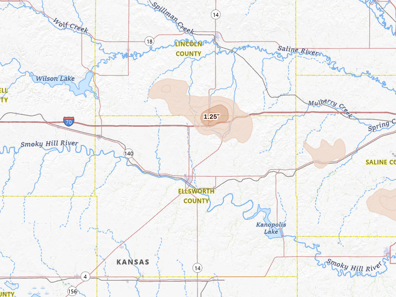 Radar-estimated hail-size map of the storm over Ellsworth, KS on Jun 19, 2026