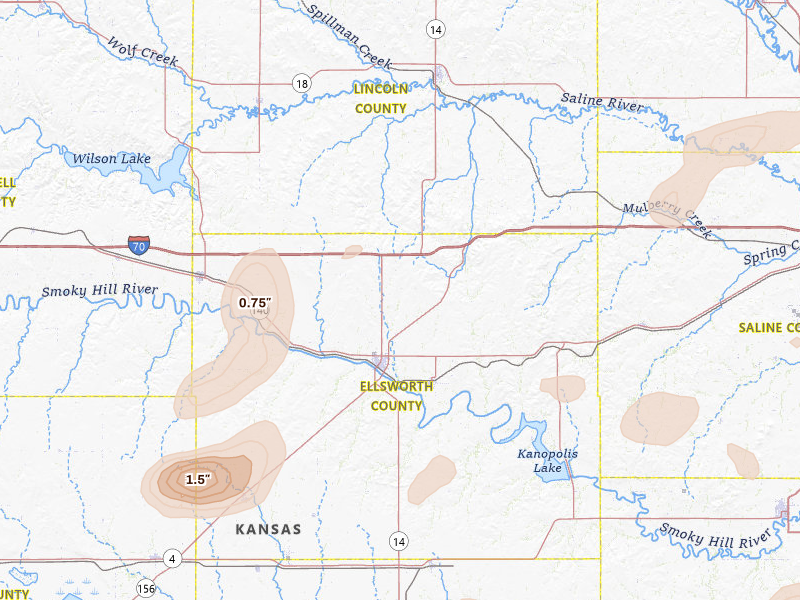 Radar-estimated hail-size map of the storm over Ellsworth, KS on Jul 9, 2026