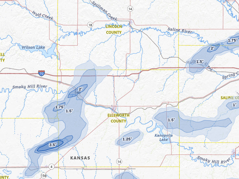 NEXRAD radar-signature map of the hail storm over Ellsworth, KS on Jul 9, 2026