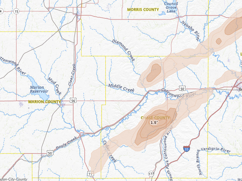 Radar-estimated hail-size map of the storm over Elmdale, KS on Apr 13, 2026