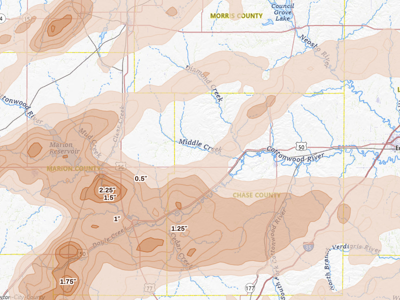 Radar-estimated hail-size map of the storm over Elmdale, KS on Apr 23, 2026