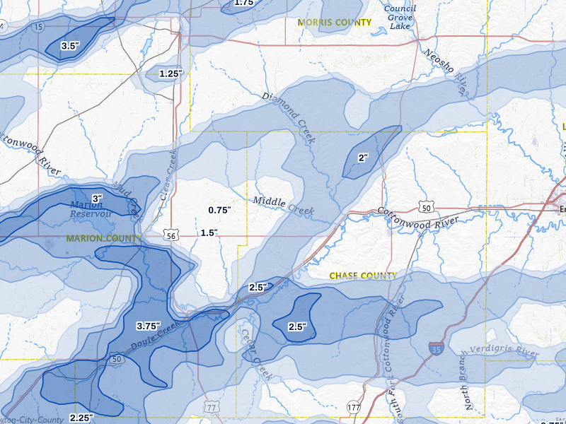 NEXRAD radar-signature map of the hail over Elmdale, KS