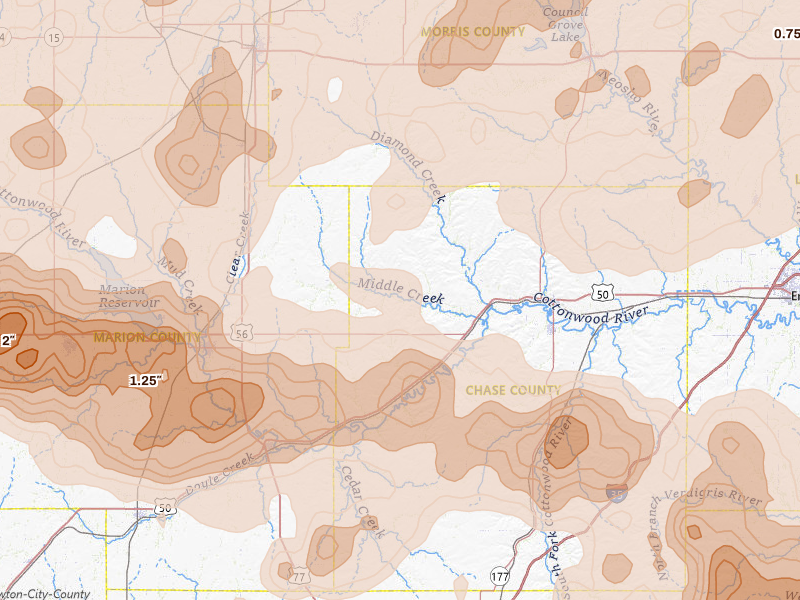 Radar-estimated hail-size map of the storm over Elmdale, KS on Apr 26, 2026