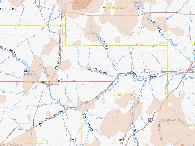 Radar-estimated hail-size map of the storm over Elmdale, KS on May 18, 2026