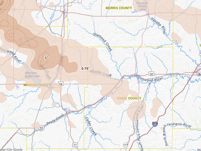 Radar-estimated hail-size map of the storm over Elmdale, KS on Jun 8, 2026