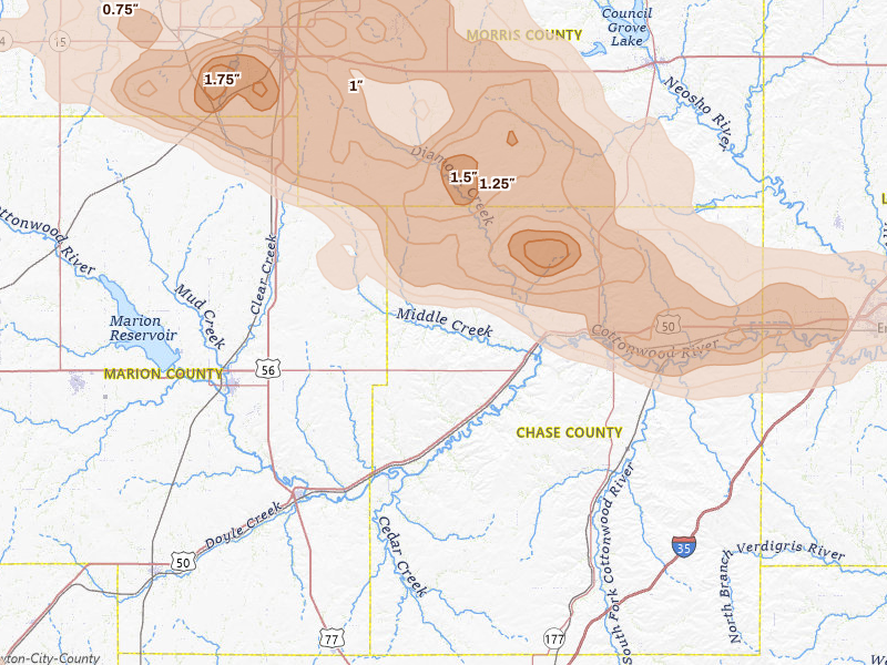 Radar-estimated hail-size map of the storm over Elmdale, KS on Jun 10, 2026