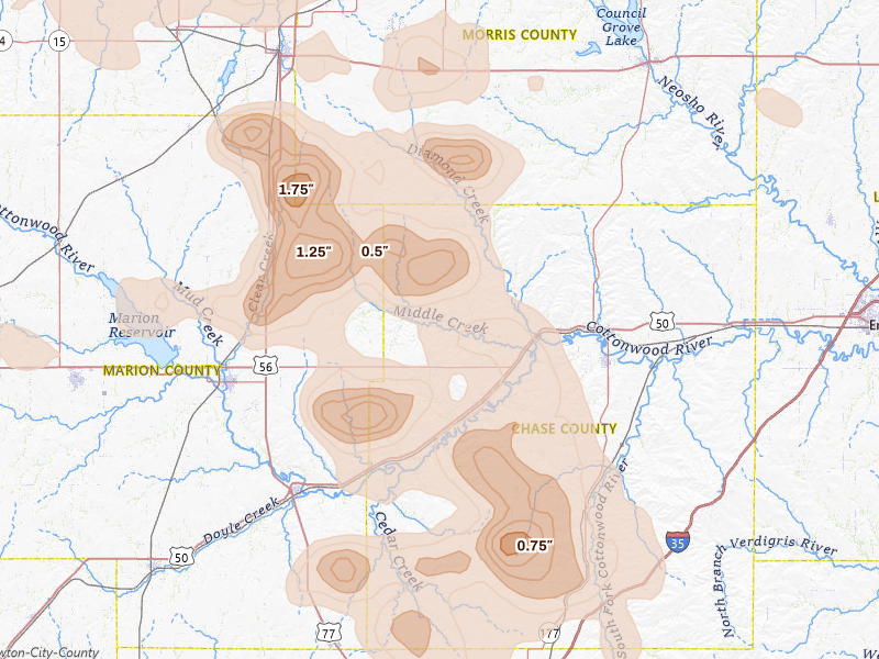 Radar-estimated hail-size map of the storm over Elmdale, KS on Aug 6, 2026
