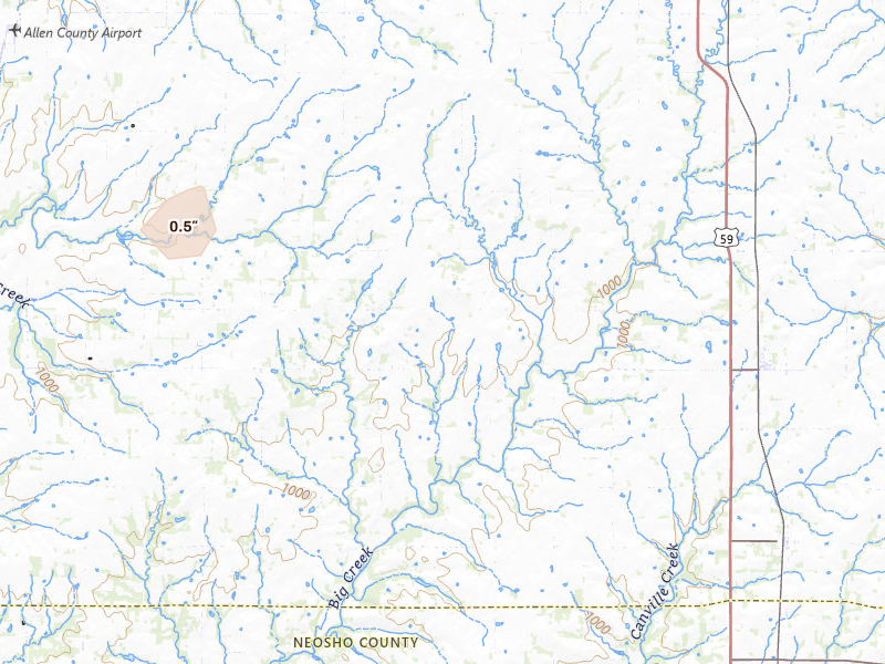 Radar-estimated hail-size map of the storm over Elsmore, KS on Apr 23, 2026