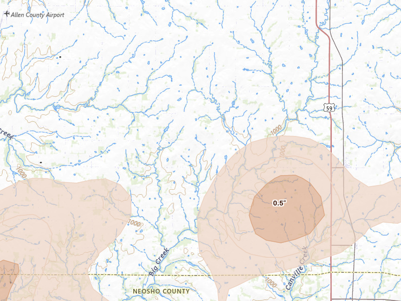 Radar-estimated hail-size map of the storm over Elsmore, KS on May 30, 2026