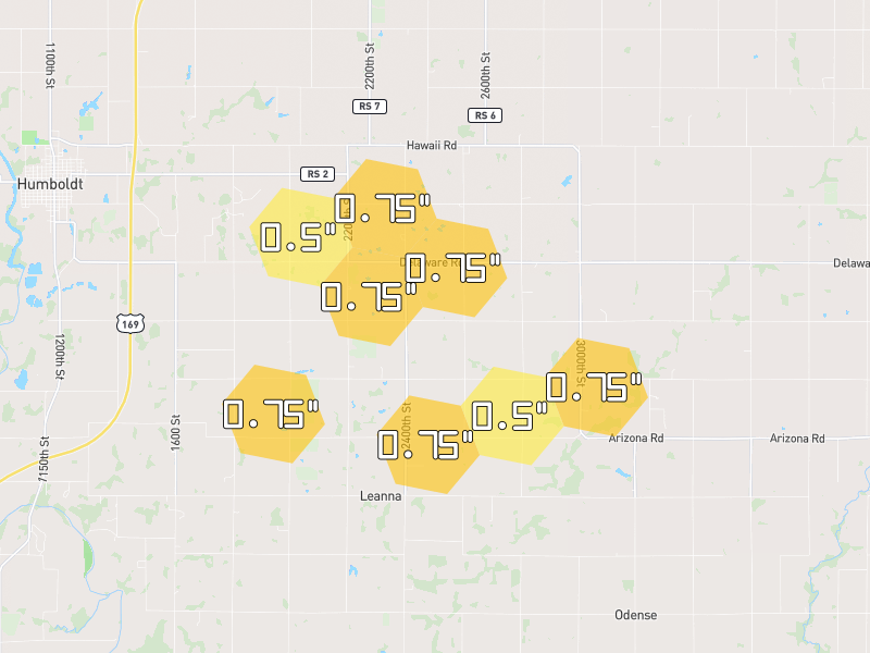 Hail map of Elsmore, KS on Jun 1, 2026, hail up to 0.75"