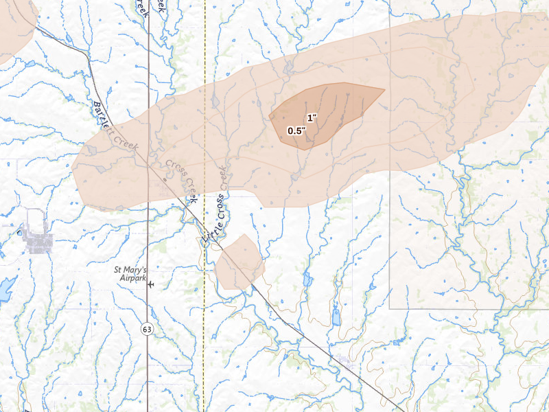 Radar-estimated hail-size map of the storm over Emmett, KS on Jun 4, 2026