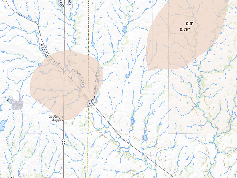 Radar-estimated hail-size map of the storm over Emmett, KS on Jul 3, 2026