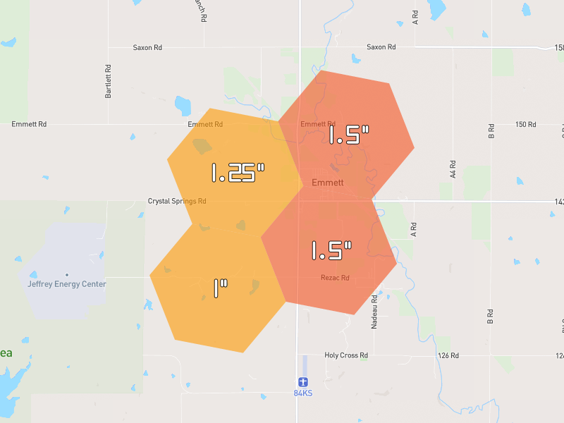 Hail map of Emmett, KS on Jul 3, 2026, hail up to 1.5"