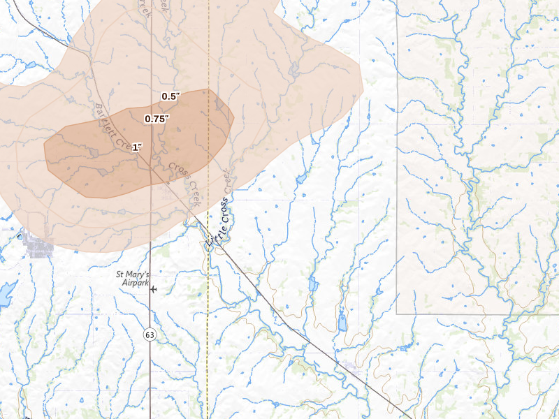 Radar-estimated hail-size map of the storm over Emmett, KS on Jul 4, 2026