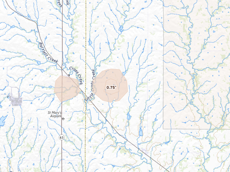 Radar-estimated hail-size map of the storm over Emmett, KS on Aug 5, 2026