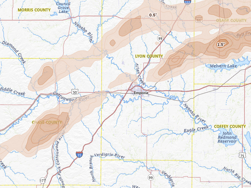Radar-estimated hail-size map of the storm over Emporia, KS on Apr 13, 2026