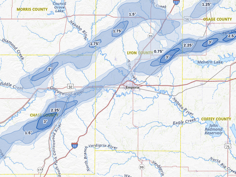 NEXRAD radar-signature map of the hail over Emporia, KS