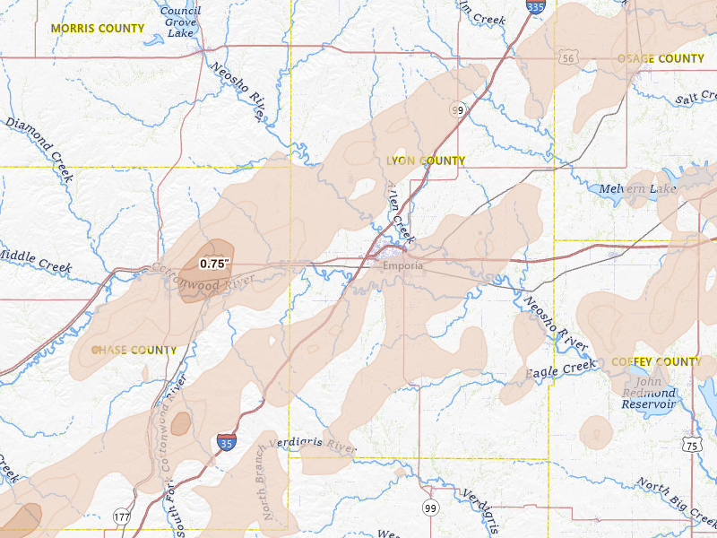 Radar-estimated hail-size map of the storm over Emporia, KS on Apr 17, 2026