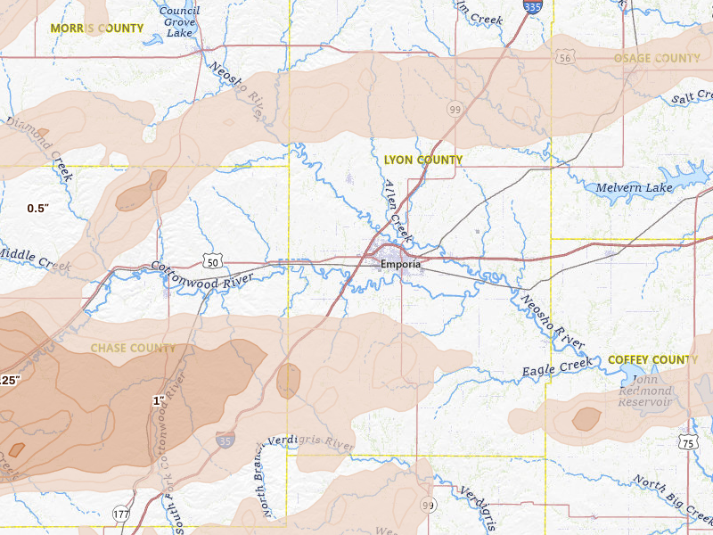 Radar-estimated hail-size map of the storm over Emporia, KS on Apr 23, 2026