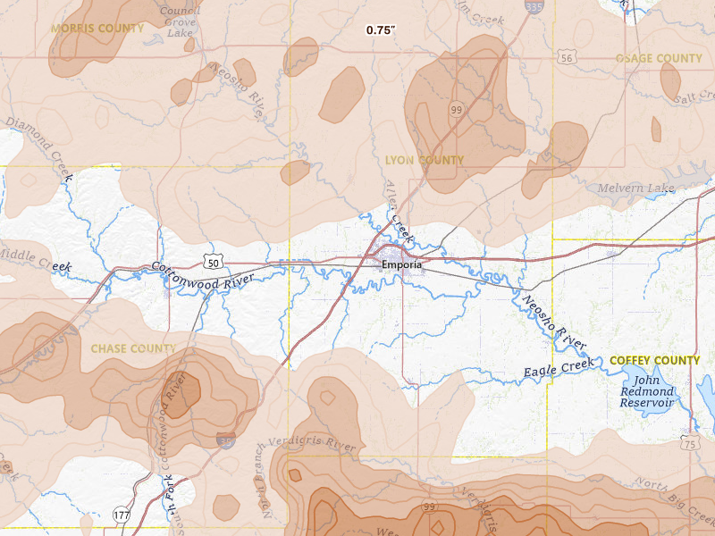 Radar-estimated hail-size map of the storm over Emporia, KS on Apr 26, 2026