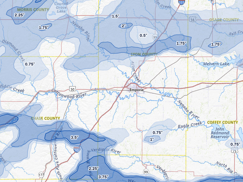 NEXRAD radar-signature map of the hail over Emporia, KS