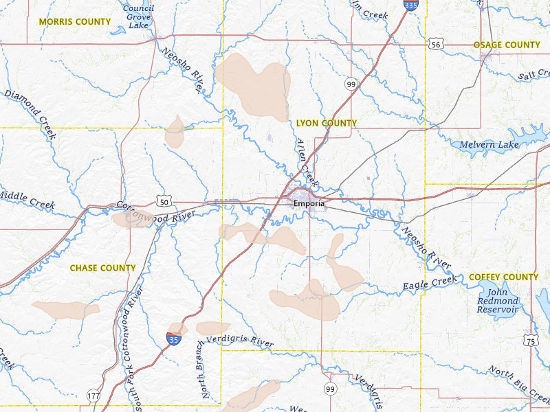 Radar-estimated hail-size map of the storm over Emporia, KS on May 4, 2026