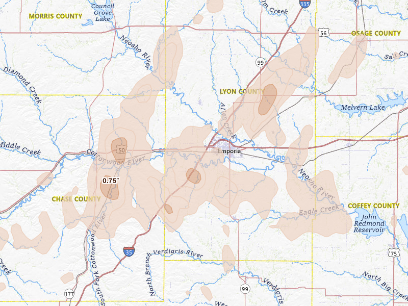 Radar-estimated hail-size map of the storm over Emporia, KS on May 30, 2026