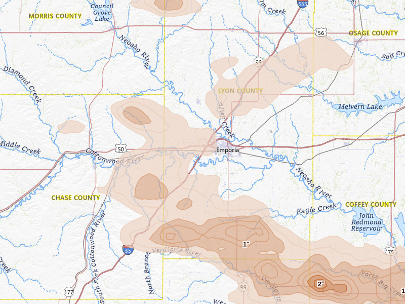 Radar-estimated hail-size map of the storm over Emporia, KS on May 31, 2026