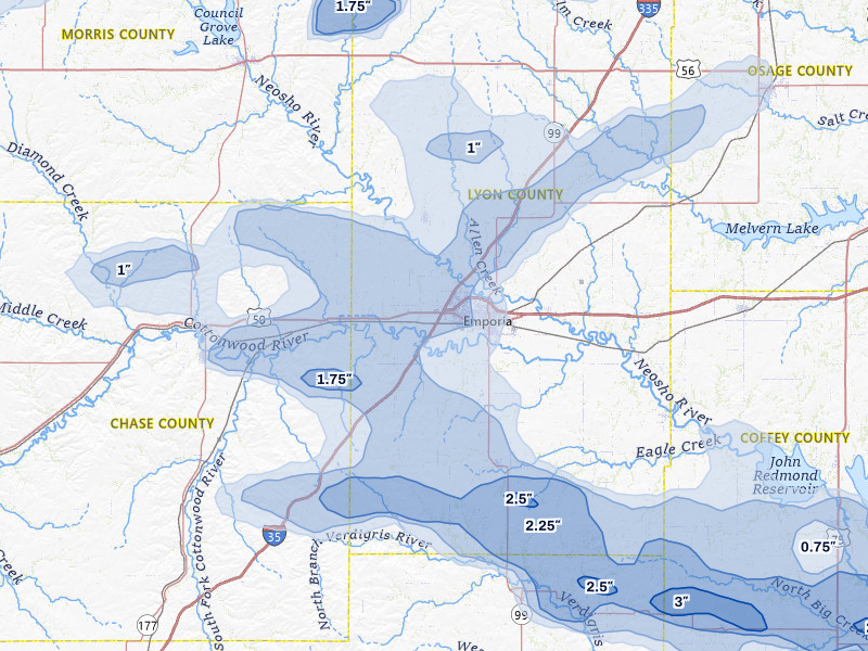 NEXRAD radar-signature map of the hail storm over Emporia, KS on May 31, 2026