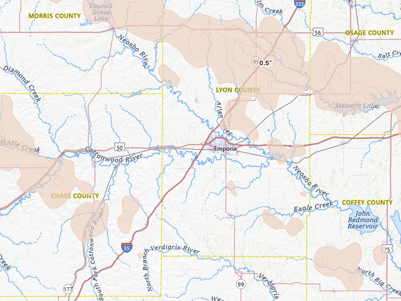 Radar-estimated hail-size map of the storm over Emporia, KS on Jun 8, 2026