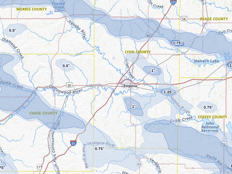 NEXRAD radar-signature map of the hail storm over Emporia, KS on Jun 8, 2026