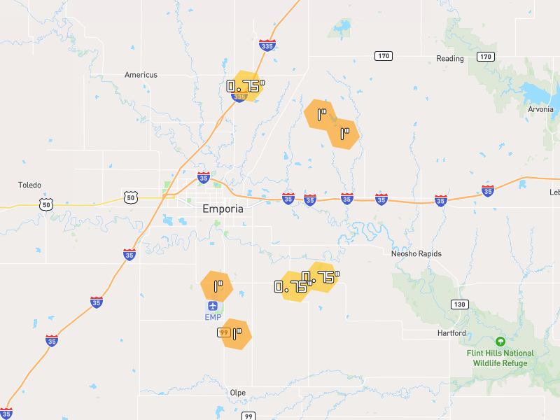 Hail map of Emporia, KS on Jun 9, 2026, hail up to 1"