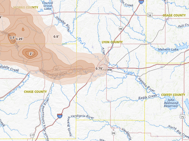 Radar-estimated hail-size map of the storm over Emporia, KS on Jun 10, 2026