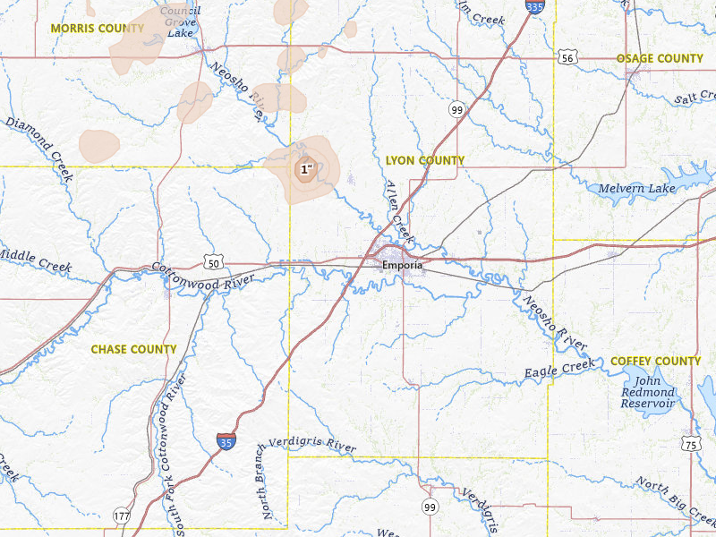 Radar-estimated hail-size map of the storm over Emporia, KS on Jul 3, 2026